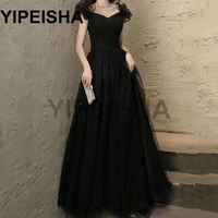 black a line v neck glittery beading sequined evening dresses organza sleeveless prom party gown robe de soir%c3%a9e de mariage