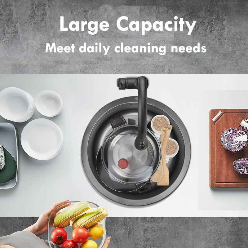 Круглая раковина кухонная из нержавеющей стали одинарная чаша черного цвета