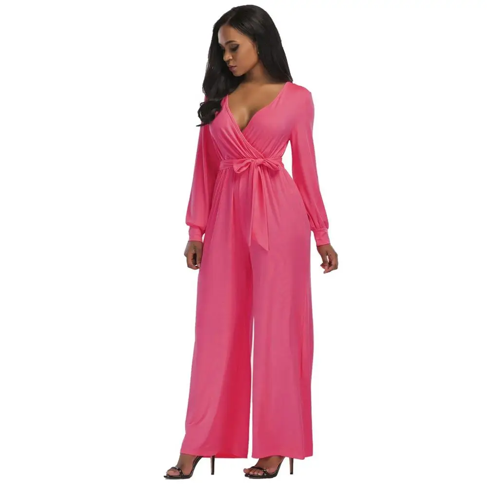 Комбинезон женский стрейчевый однотонный с длинным рукавом и V образным вырезом|