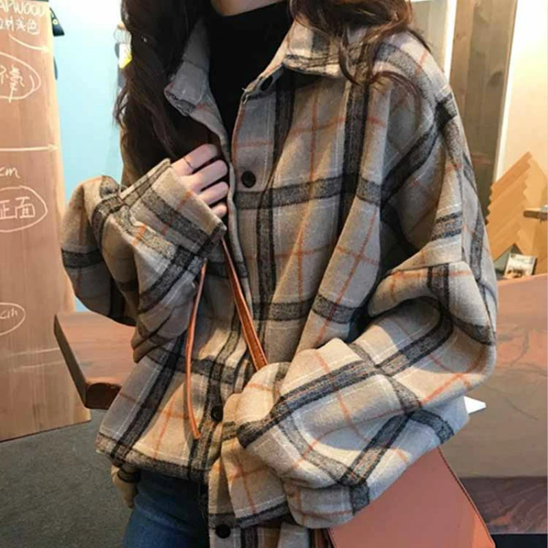 

2019 Spring Women Shirt Loose Style Shirt Women Casual Shirt Ladies Women Tops Plaid Woollen Cloth Shirt Streetwear