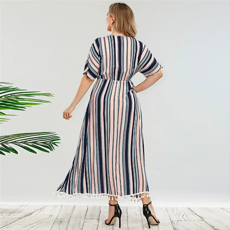 

Retro Color Striped Dresses for Ladies Plus Size V-Neck Women's Dress 5xl Short Sleeve Bohemian Long Skirt Tassels