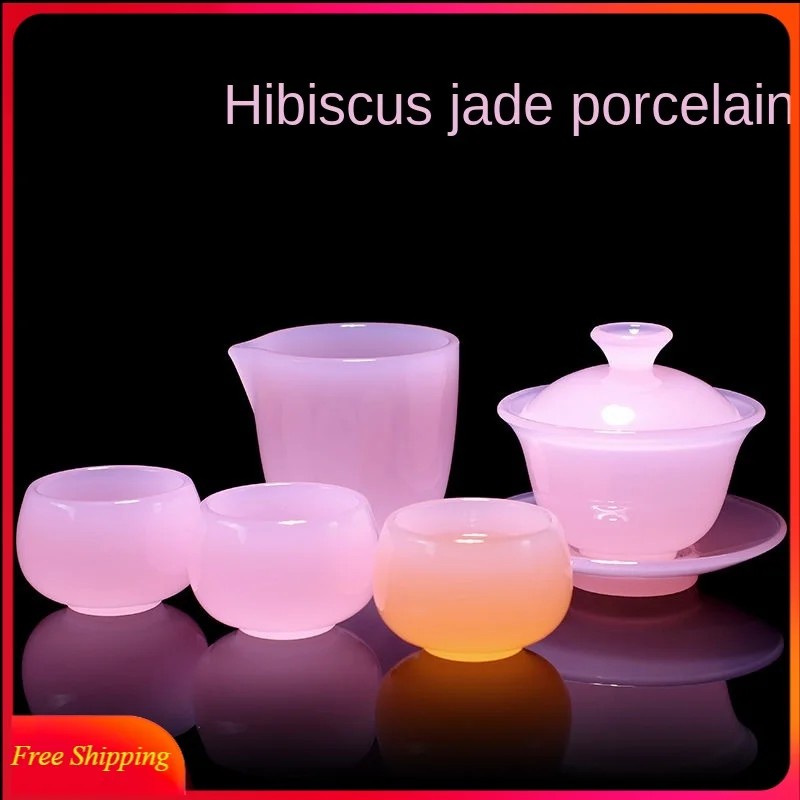 Cuenco de porcelana de Jade hibisco para mujer, cuenco de té, porcelana blanca y rosa, cristal esmaltado, Jade, Kung Fu, juego de té, taza de feria, juego de cuencos