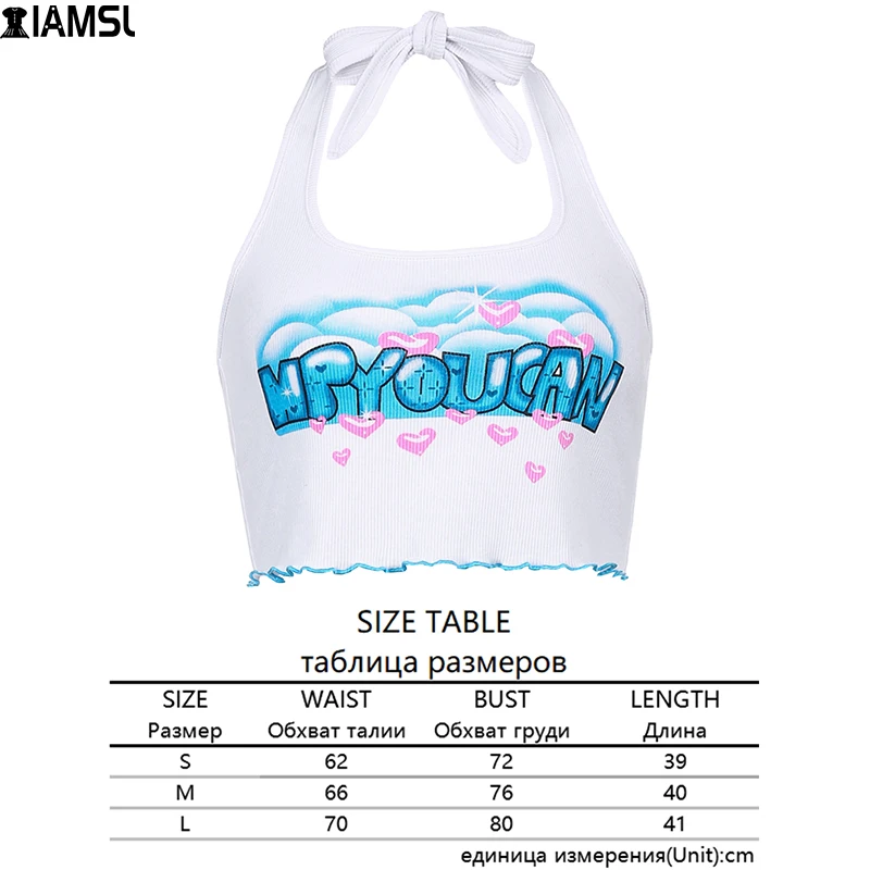 

IAMSURE Character Print Backless Halter Top Tie Back Sleeveless Ruffles Crop Top Women 2021 Summer Fashion Y2K Casual Streetwear