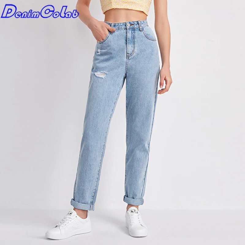 

Прямые джинсы Denimcolab 2021 с высокой талией, женские брюки-бойфренды из 100% хлопка, повседневные ковбойские джинсы для мам, джинсовые брюки