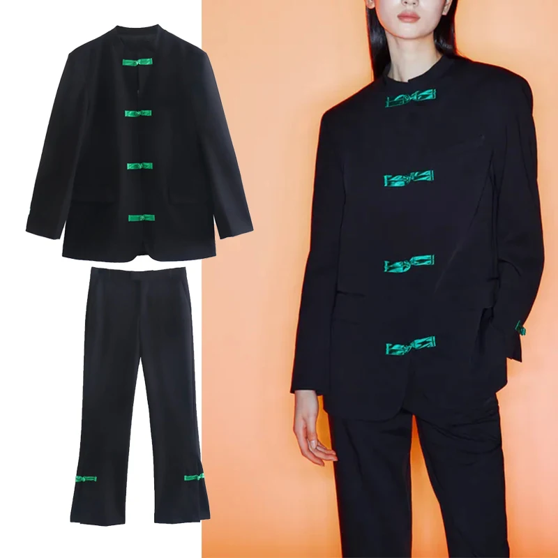 Женский костюм TFMLN из 2 предметов, блейзер, куртка 2022, модные однотонные пальто с круглым вырезом + расклешенные длинные брюки, Дизайнерская Ж...