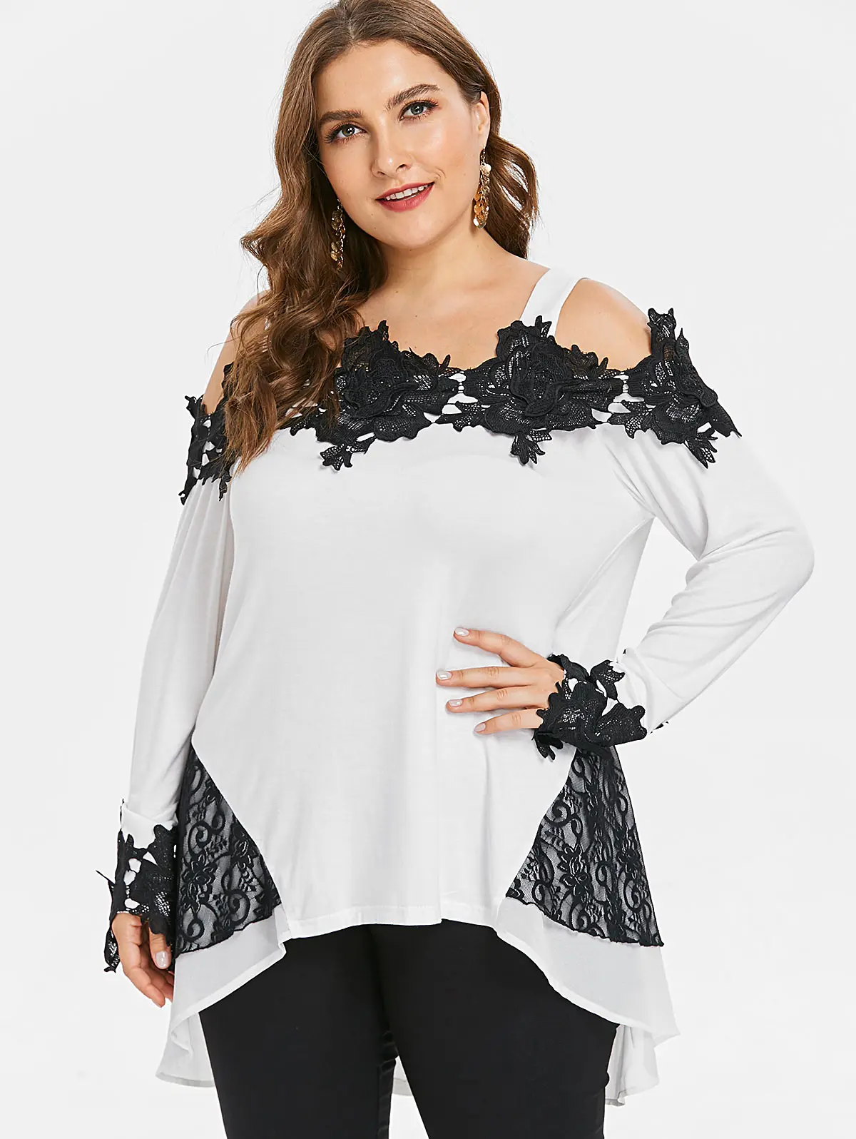 

Женская Винтажная футболка с длинными рукавами и кружевной аппликацией размера плюс