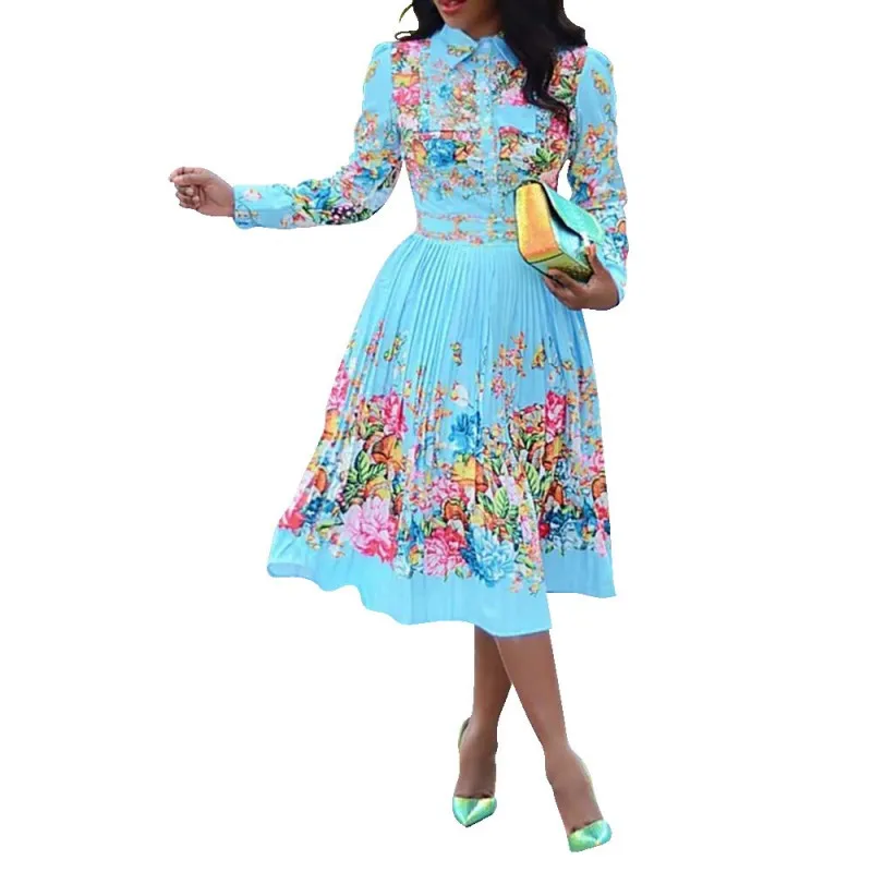 

Women Clothing African Dress Urban Casual African Clothing European American Blue Print Long Sleeve Women Dresses Summer 2021