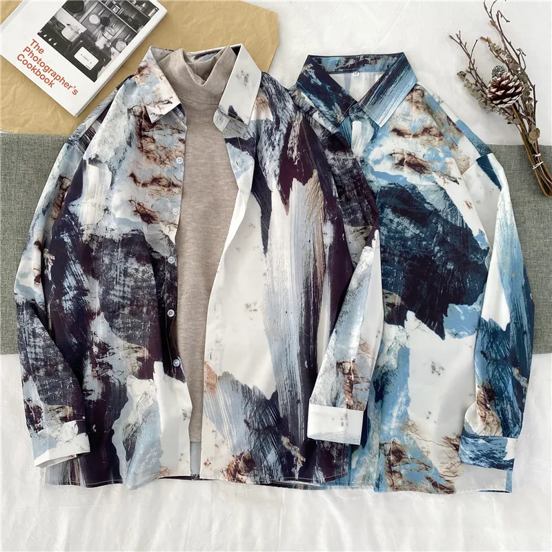 

EBAIHUI свободные чернила рубашки для рисования для женщин отложной воротник негабаритных женские футболки топы 2021 Блузки на весну и осень L2059