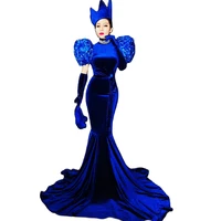 royal blue velvet fishtail dresses belt floor length trailing dress women backless performance costume ladies dance stage wear