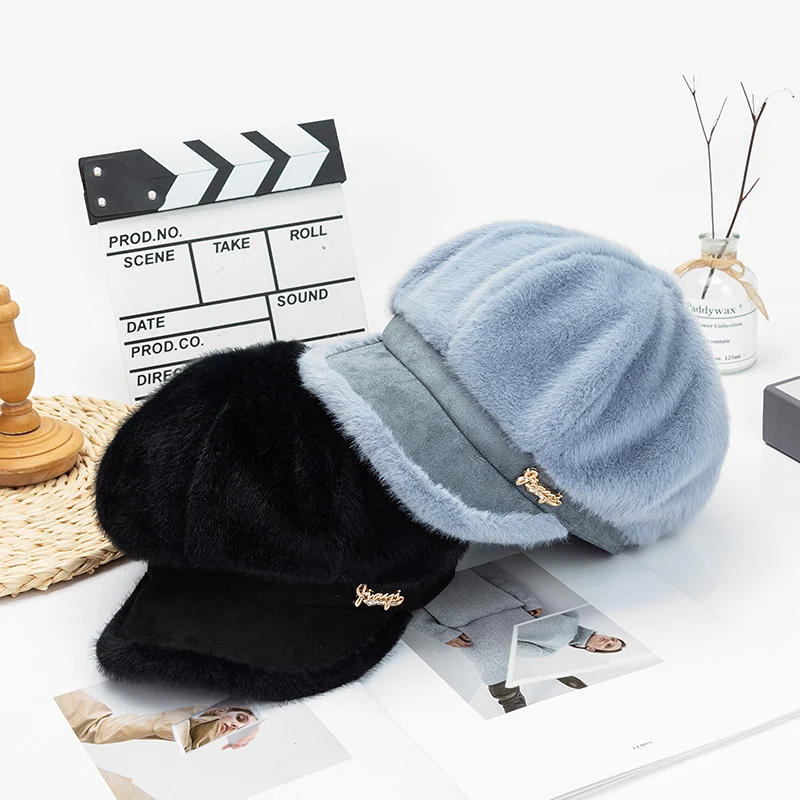 Женский берет из искусственного бархата осенне зимняя восьмиугольная кепка