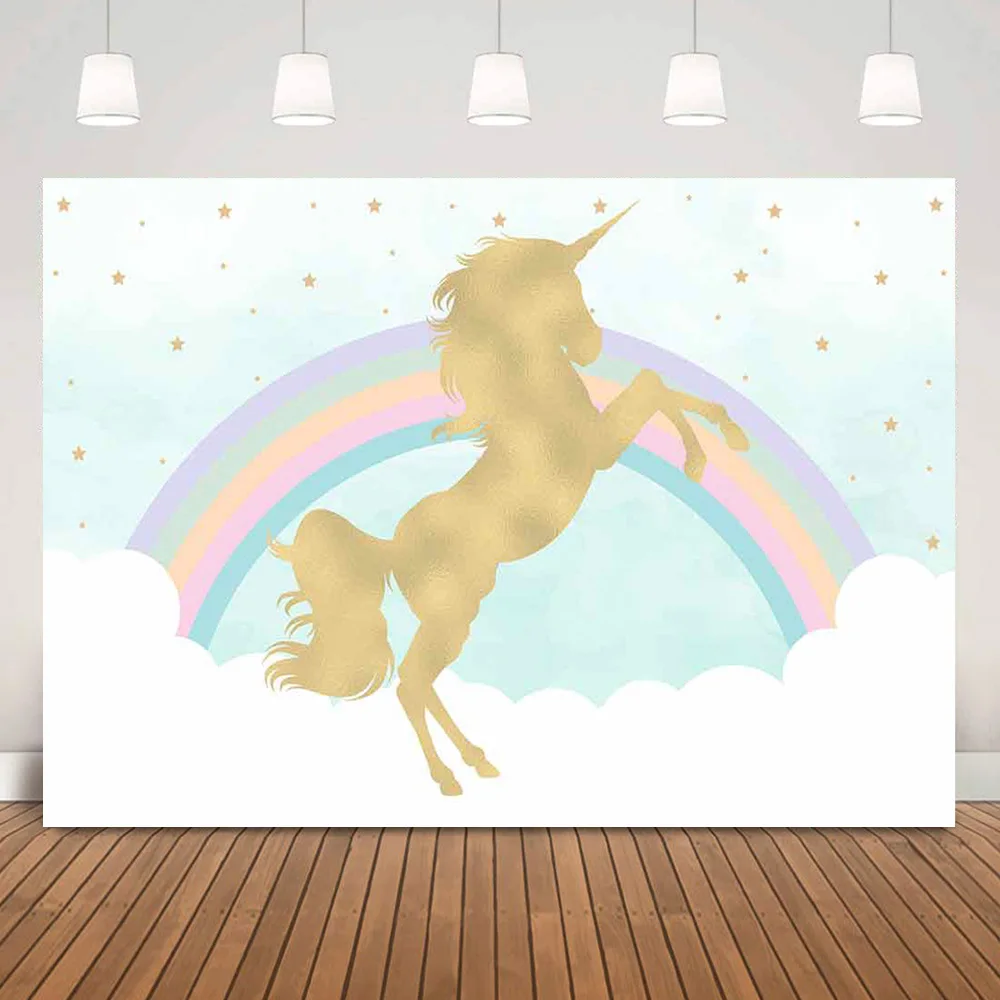 

Unicorn Children Birthday Party Background Decoration Rainbow Twinkle Golden Stars Baby Shower Backdrop Blue Sky White Clouds