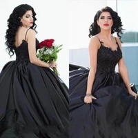 2020 arabic ball gown gothic style black wedding dresses spaghetti straps appliques lace satin floor length bridal gowns custom