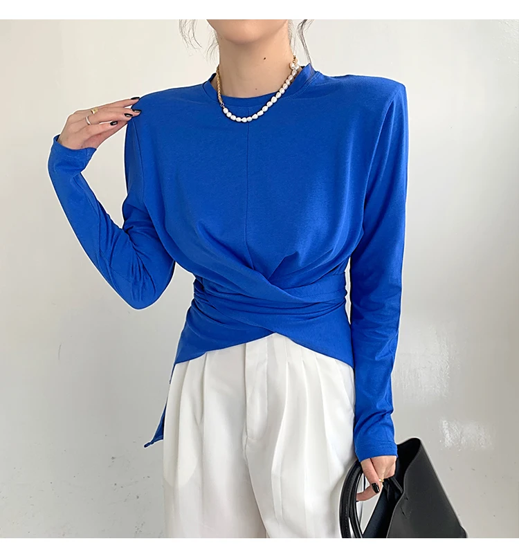 

Autumn Women O-neck Full Sleeve T-shirts Tees Girls Shoulder Pads Crossed Irregular Tees Split T shirts Tops Female