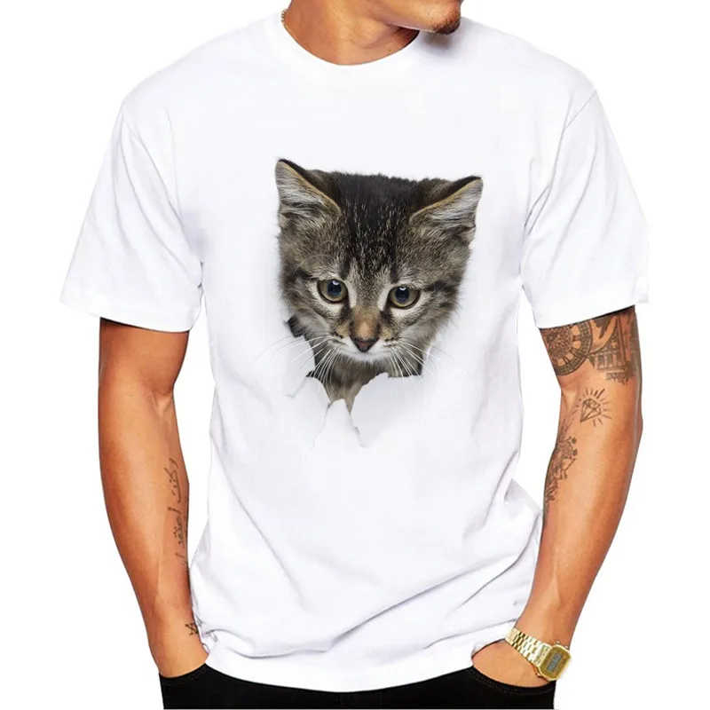 

Summer Men's Ultra-Thin Breathable Quick-Drying Pure White 3D Cat Pattern T-Shirt O'Neck Animal Short Sleeve Streetwear Tops Tee