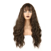 natural wave synthetic wigs with neat bangs for women brown long heat resistant cosplay womens wig