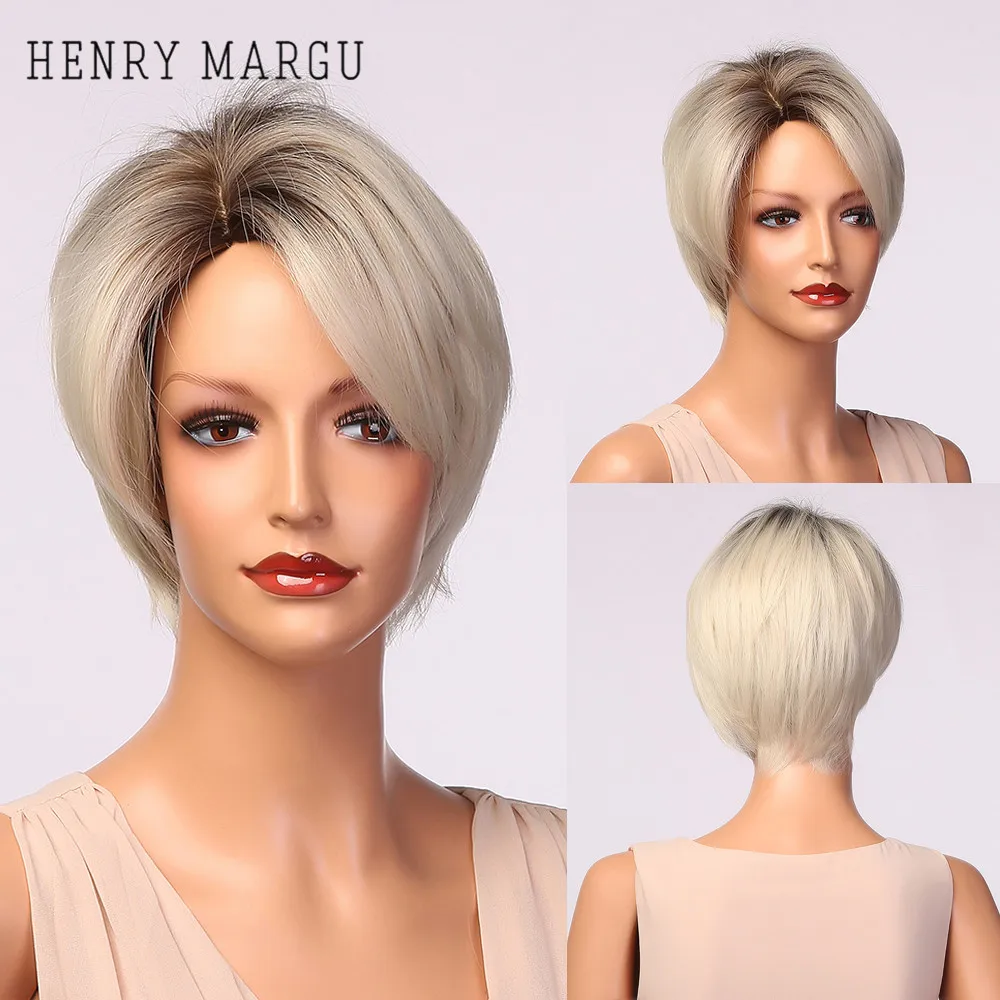 

HENRY MARGU Short Cut Straight Bob Bob Wigs for Women Blonde White Ombre Natural Hair Wigs With BangsDailyWigs Heat Resistant