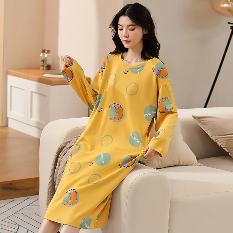 Cotton Nightdress Women's Autumn Long Sleeve Nightgown Lady Long Knee Length Home Clothes Female Sleepwear Sleeping Wear