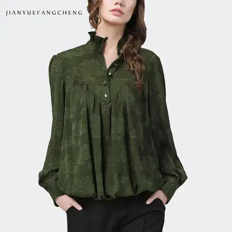 Размера плюс армейский зеленый шифон тиснение Цветочная блузка для женщин с длинным рукавом и стоячим с гофрированным воротником на каждый...