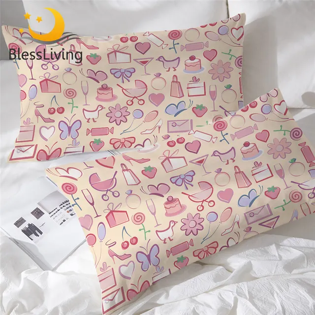BlessLiving Girl Party Pillowcase Cartoon Sleeping Pillow Case Pink Butterfly Bedding Pillowcase Cover Cozy Funda Almohada 2pcs 1