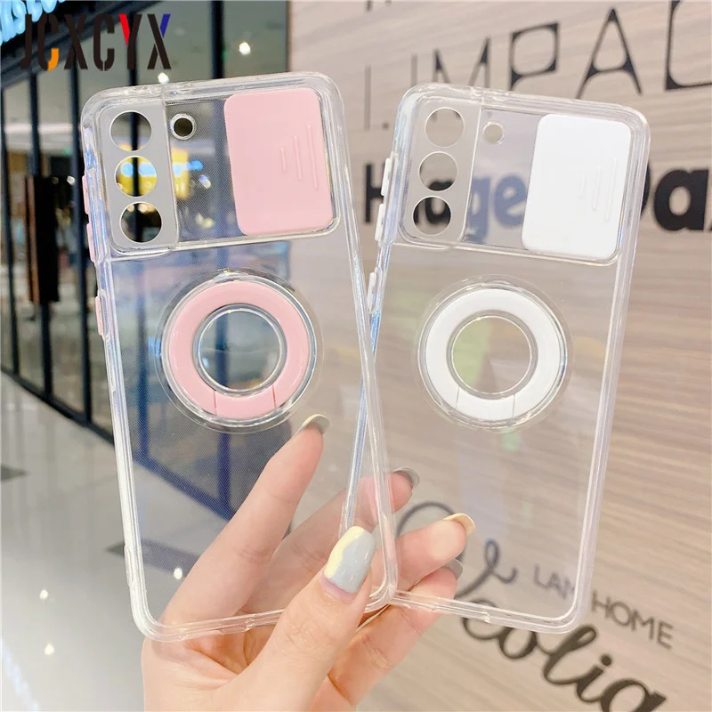 

New Ring Holder Lens Camera Protection Case For Samsung Galaxy S21 Ultra S30 A12 A32 A52 A72 5G Transparent Soft Back Cover Capa