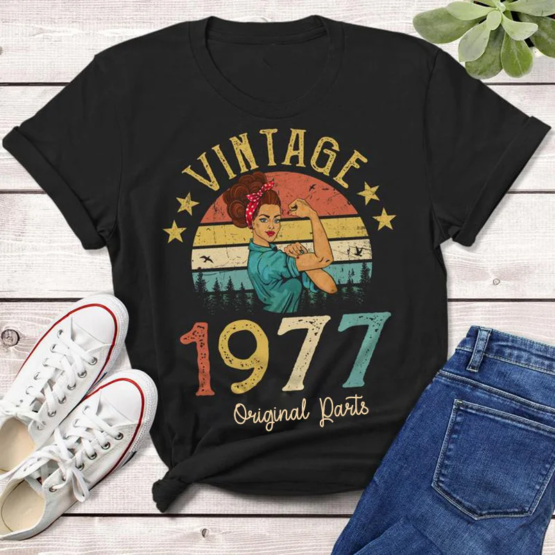 

Vintage 1977 Original Parts T-Shirt Rosie Women 46 years old 46th Birthday Gift Idea Girl Mom Wife Daughter Funny Retro Tee