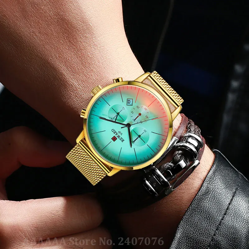 Красочные блестящие золотые часы мужские платье Хронограф Мужские наручные из