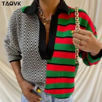 taovk womens knitted long sleeve warm jumper knitwear contrast color pullover striped and wave pattern lapel sweater pullover