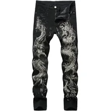 Fashion Dragon Printed Jeans Design Mens Denim Pants Hot Mens Original Brand Casual Cotton Slim Pencil Pants Male Black Jeans