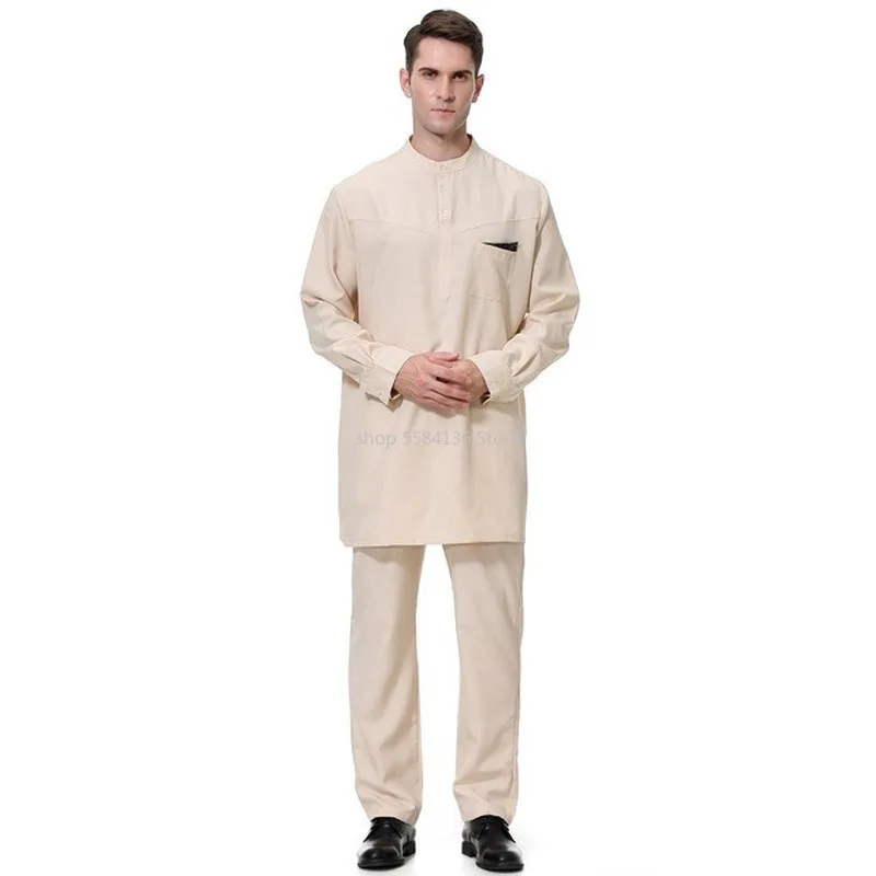 

Thobe For Men Arab Dubai Cotton Mens Formal Muslim Set Two Piece Top Bottom Pants Clothing Islamic Kaftan Prayer Suits