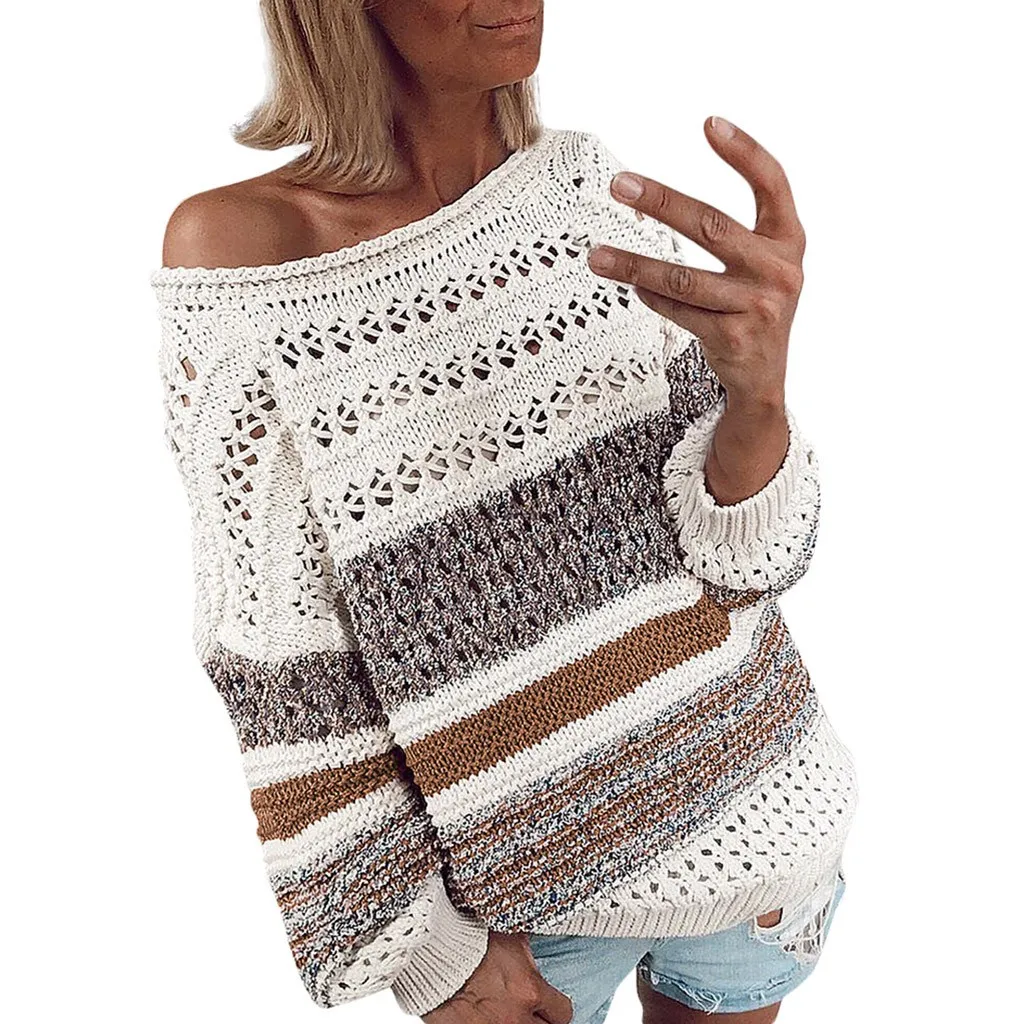 Женский вязаный ажурный свитер сексуальный полосатый лоскутный пуловер с