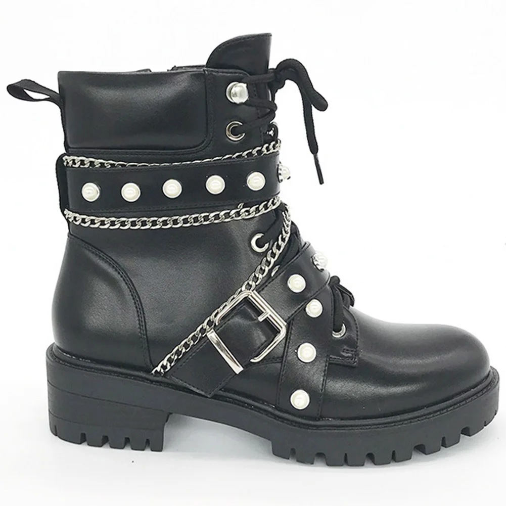 

BONJOMARISA Female Fashion Buckle Pearl Ankle Boots Autumn Winter Chain Square Heel Boots Women Platform Shoes Woman
