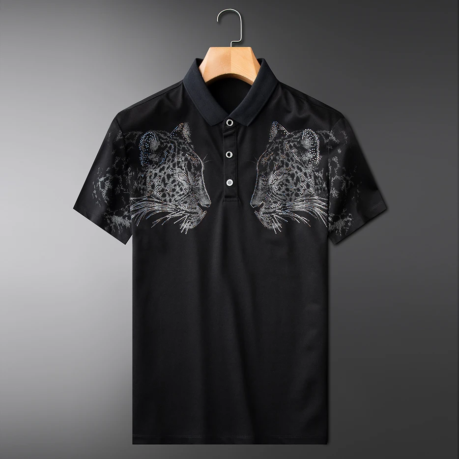 

Мужская рубашка-поло с коротким рукавом, черная рубашка-поло с отворотом и вышивкой в виде головы тигра, весна-лето 2021