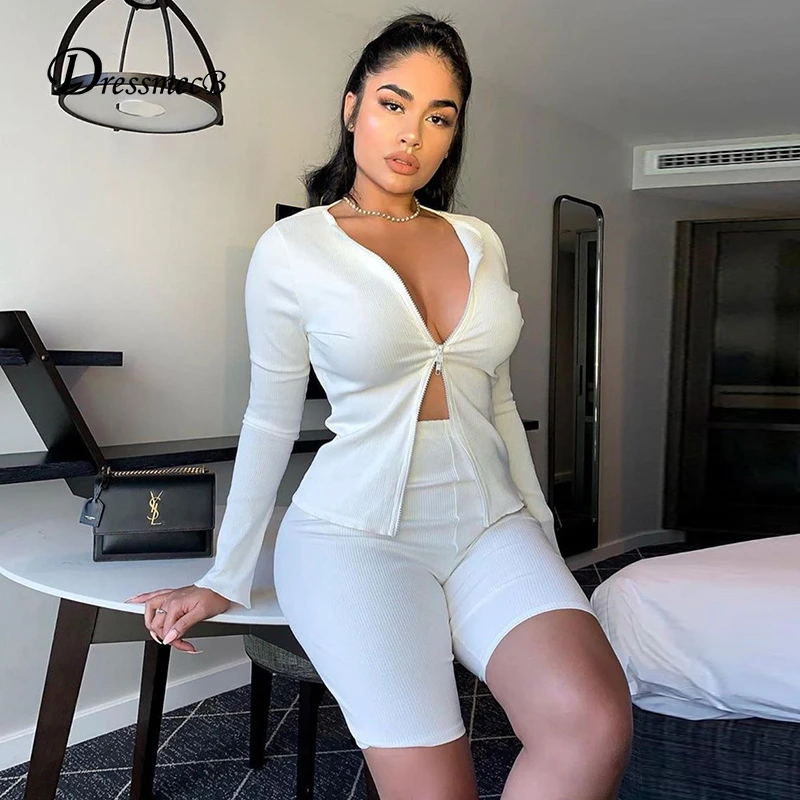 Dressmecb Autumn Wool Two Piece Set Pant Double Zipper Sexy Sleeve Top And Bodycon Short Casual 2 Women 2020 | Женская одежда