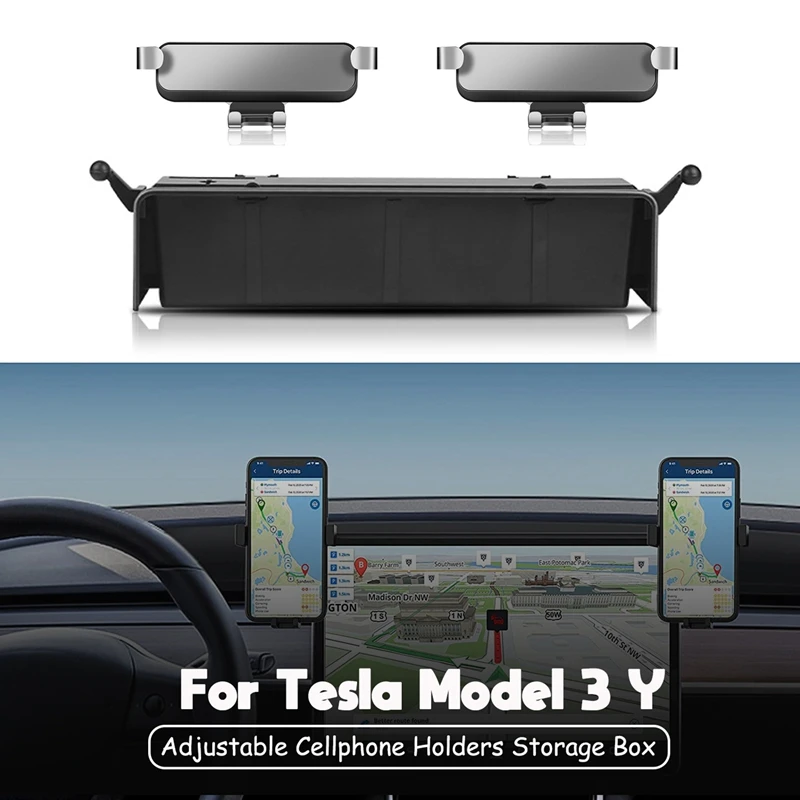 

Car Phone Mount for Tesla Model 3 Model Y, with 2 Adjustable Cellphone Holders Storage Box for Phones Up to 6.7Inch