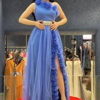 sexy long a line evening dress one shoulder sashes sleeveless prom gown floor length feathers satin women formal party hot sale