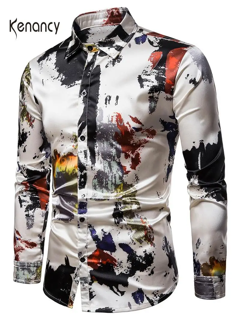 Мужская шелковистая рубашка Hemiks с принтом и длинным рукавом гладкие Сатиновые