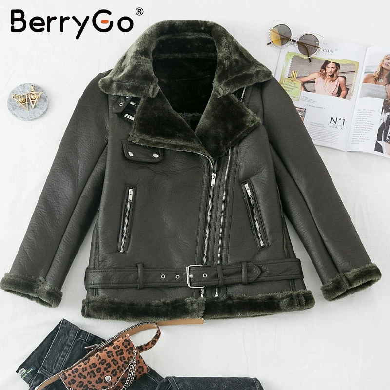 BerryGo шуба из искусственной кожи женская толстая верхняя одежда куртка 2019 пояс на