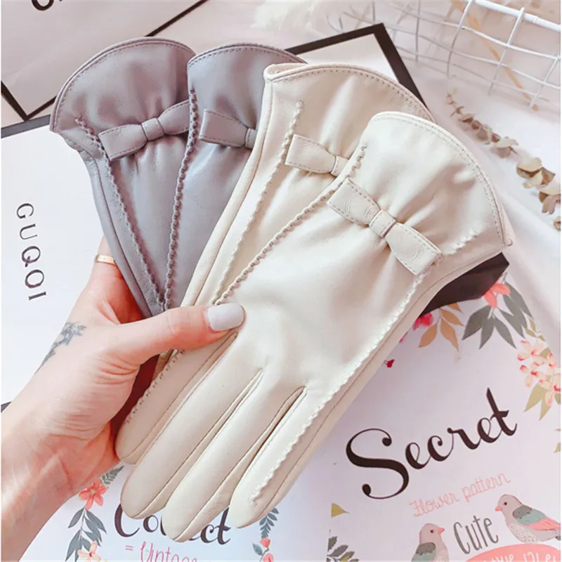 Sheepskin Gloves Female Autumn Winter Touch Screen Cute Bowknot Plus Velvet Thermal Driving Locomotive Real Leather Gloves 1205