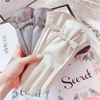 sheepskin gloves female autumn winter touch screen cute bowknot plus velvet thermal driving locomotive real leather gloves 1205