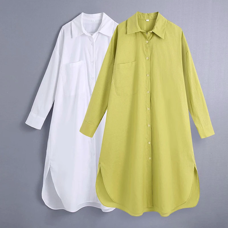 

WXWT Za Women Solid Linen Loose Shirt Vintage Long Sleeve Button-up Female Long Casual Shirts Chic Tops BB1613