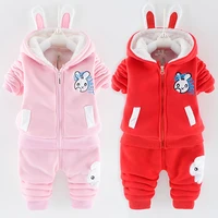 baby girls clothes set winter plush 2pcs outfits for toddler girl 0 4y kids zipper hooded pants set cartoon print warm baby sets