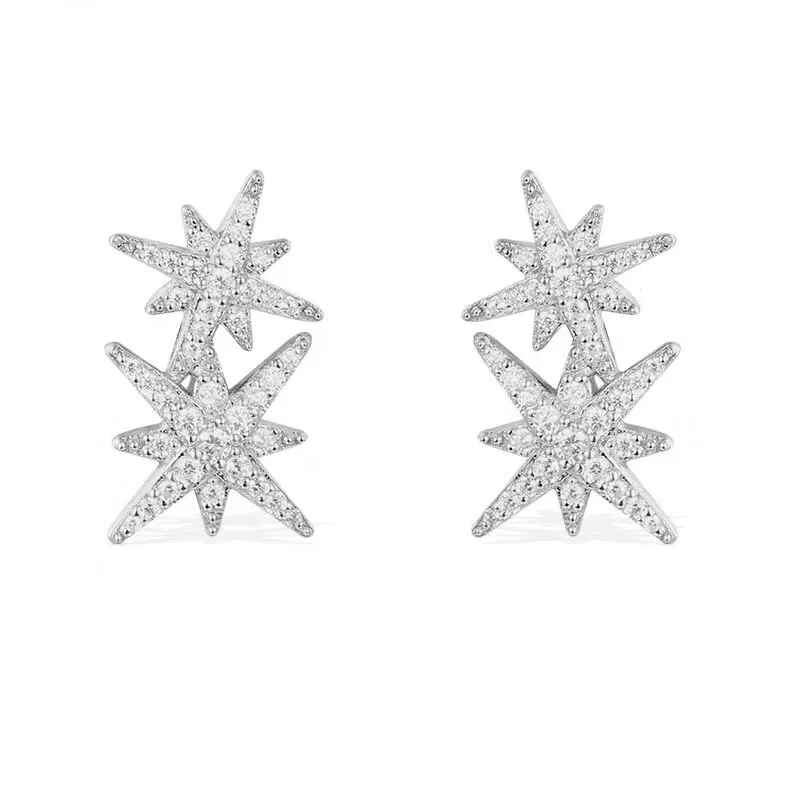 SLJELY Fashion Real 925 Sterling Silver Black Rose Gold 4 Colors Double Fine Stars Zirconia Stud Earrings Women Jewelry