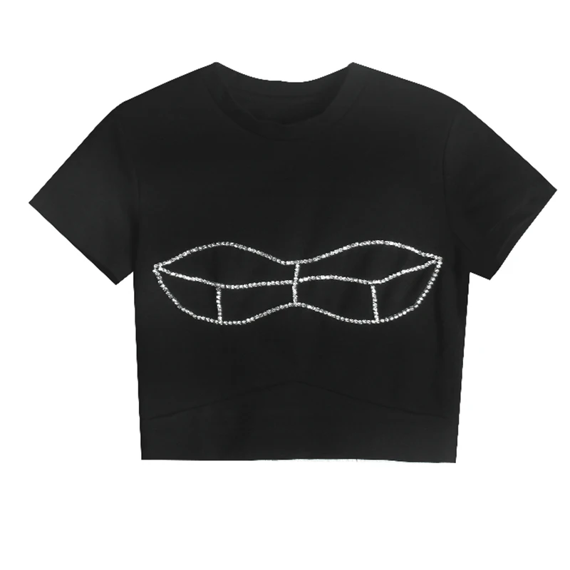 

[EAM] Women Black Patchwork Rhinestone Short T-shirt New Round Neck Short Sleeve Fashion Tide Spring Summer 2021 1DD6586