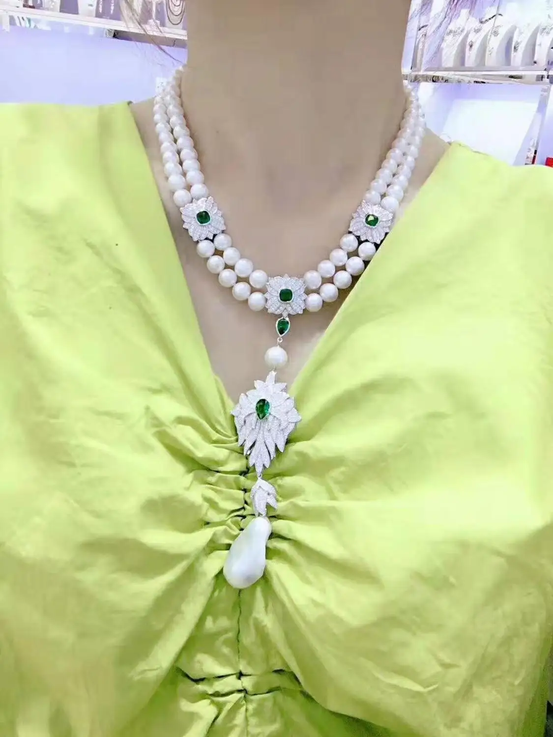 

Цепочка с кулоном ручной работы с натуральным пресноводным жемчугом, ожерелье с кулоном в виде свитера, 2 ряда, 7-8 мм, 53-55 см