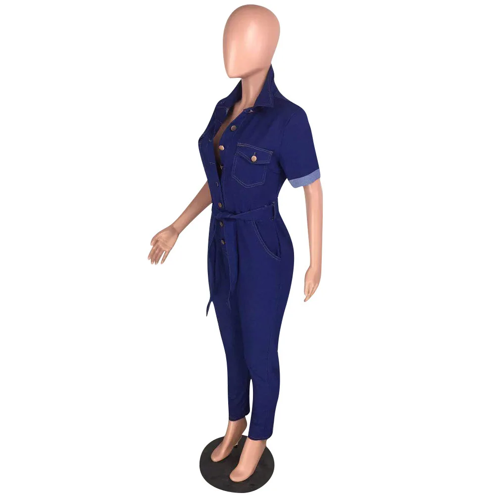 

Skinny Denim Jumpsuit For Women Short Sleeve Buttons Casual Jean Jumpsuit Female Slim Stretch Casual Jeans Jumpsuit Romper