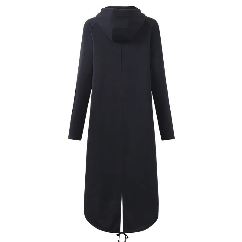 

New Velvet Hooded Jacket Zipper Long Coat Women Black Dark Gray Trench Coat