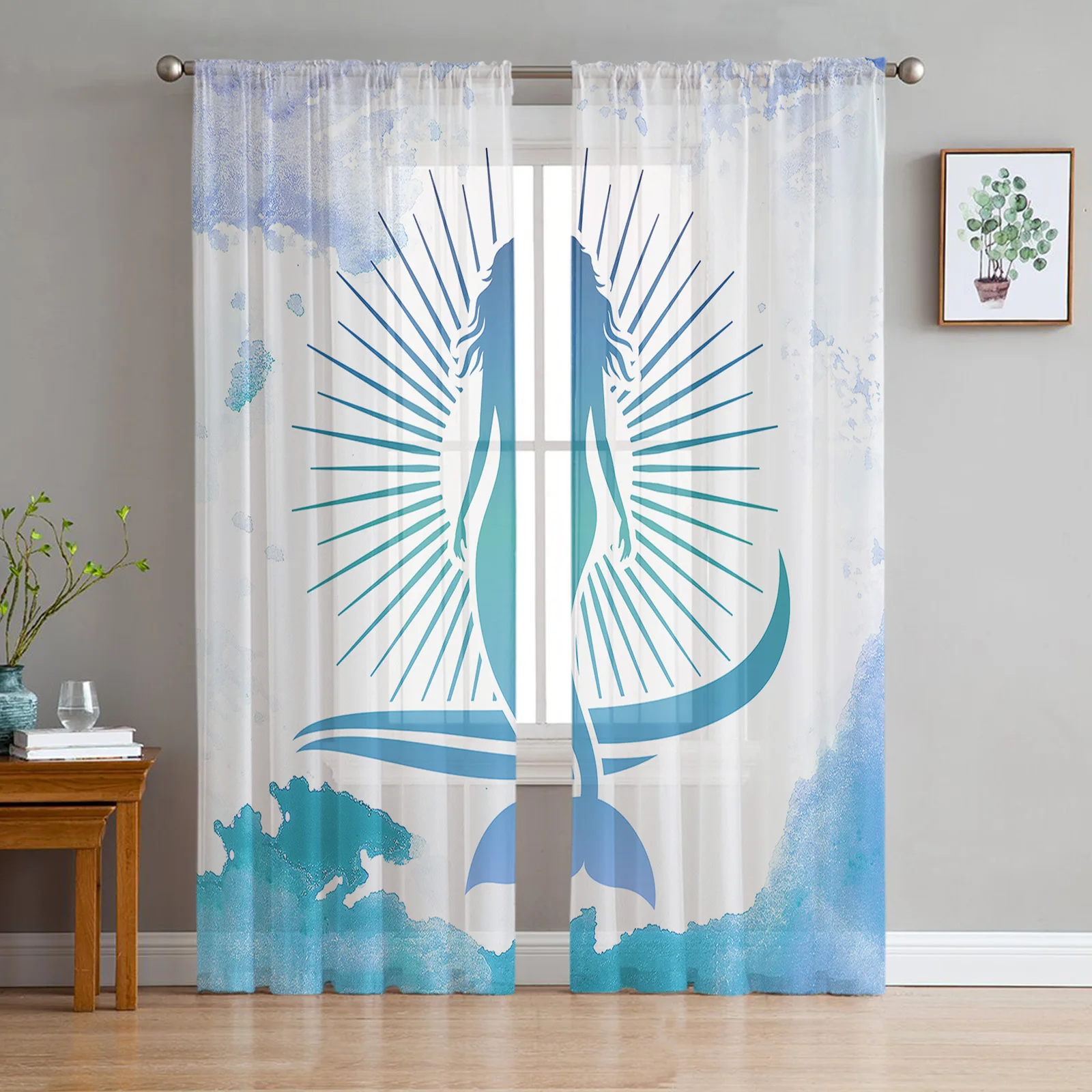 

Modern Sheer Curtains Mermaid Ocean Summer Living Room Kitchen Children's Room Decoration Household Chiffon Window Curtains
