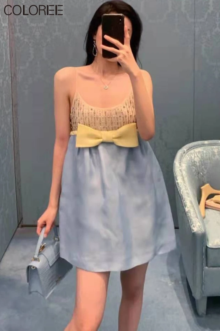 

Sexy Strap Mini Party Dress 2021 Summer Runway Designers Elegant Bow Beading Crystal Woman Dress Vestidos