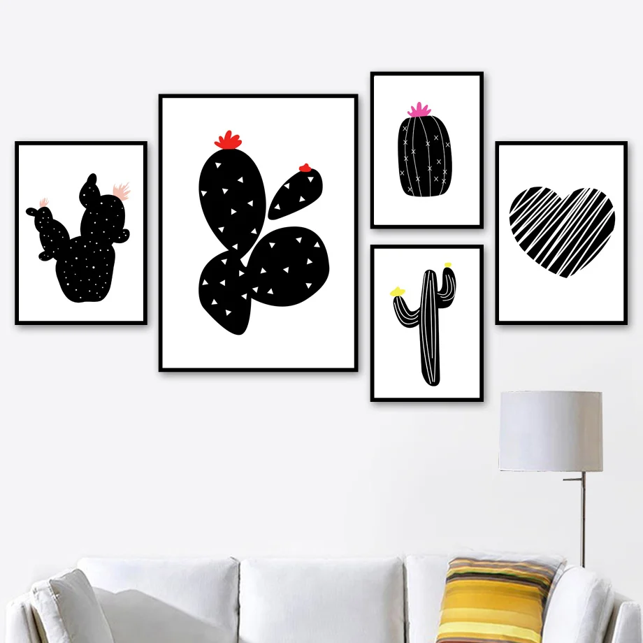 Настенная живопись на холсте черный белый кактус цветочные растения