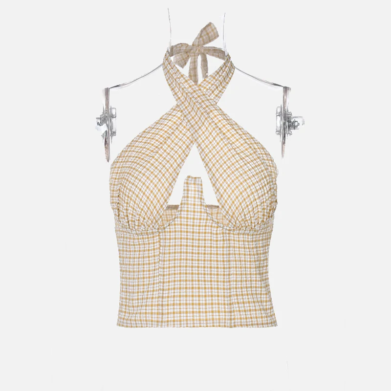 

2021 Fashion Plaid Cross Halter Sexy Cut-Out Crop Tops Women Sexy Backless Cropped Feminino Top Summer Streetwear